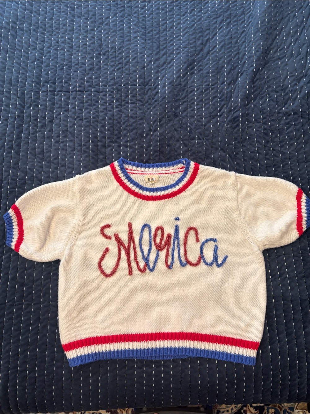 BiBi White Short-Sleeve Crewneck Sweater with Red & Blue ‘Merica.